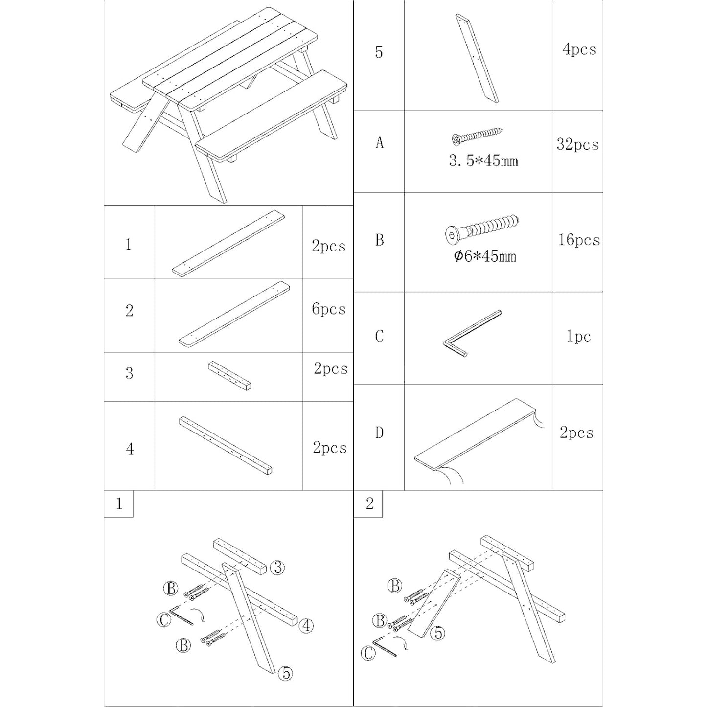 Схема на детска маса за пикник GINGER HOME с пейки – 89x79x50 см