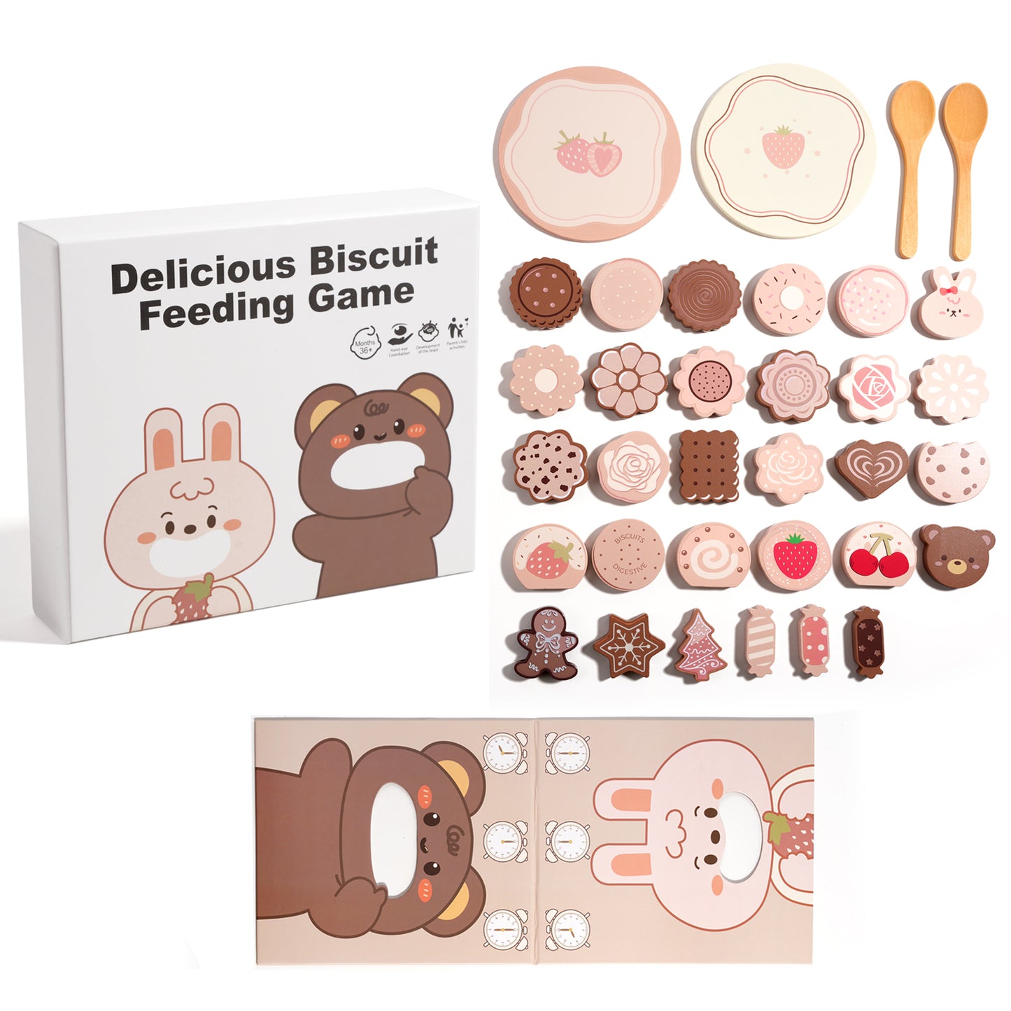 Пълен комплект дървена Монтесори играчка GINGER HOME с 30 бисквитки, 2 чинии, 2 лъжички и поставка