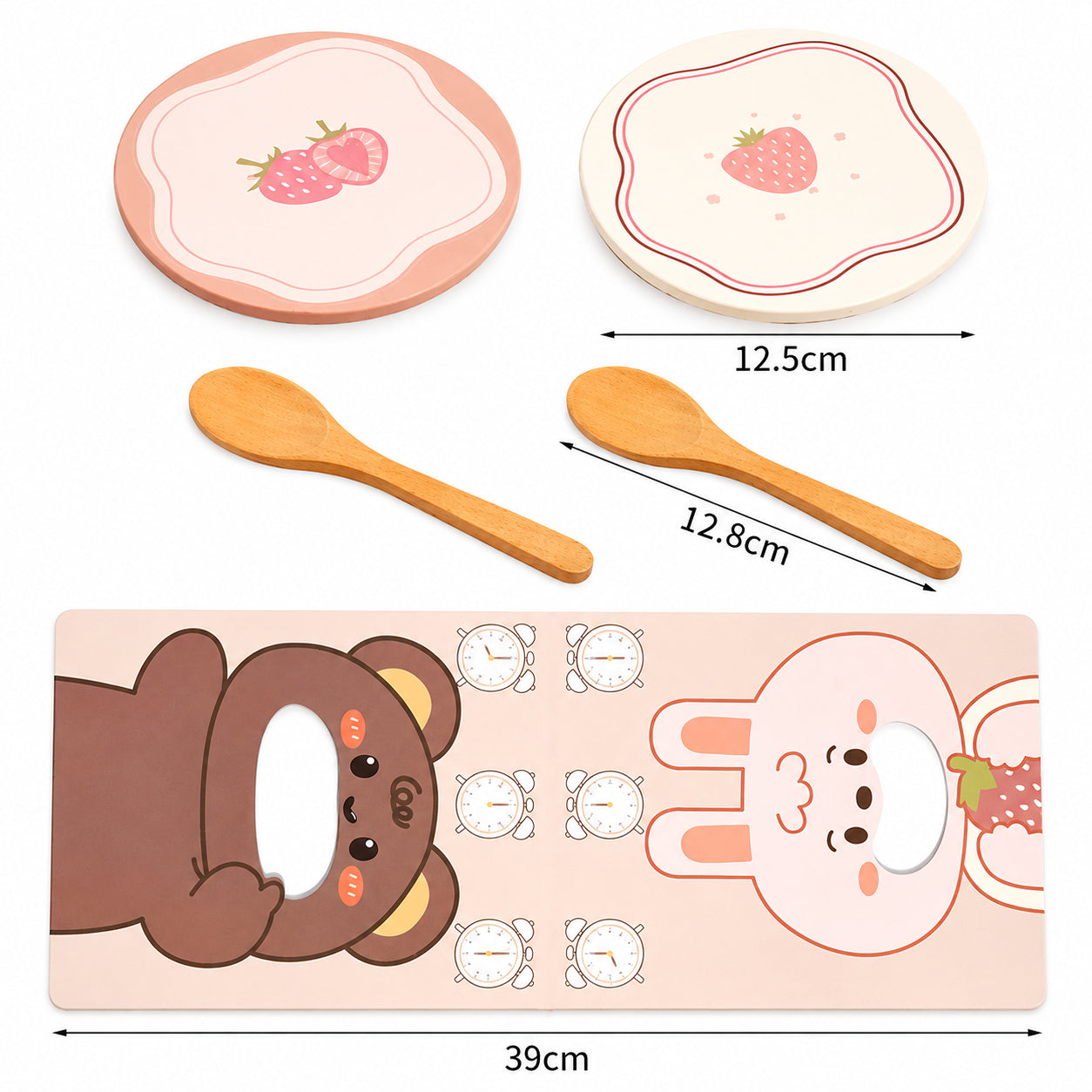 Детайли на дървена Монтесори играчка GINGER HOME с чинии, лъжички и поставка със зайче и мече