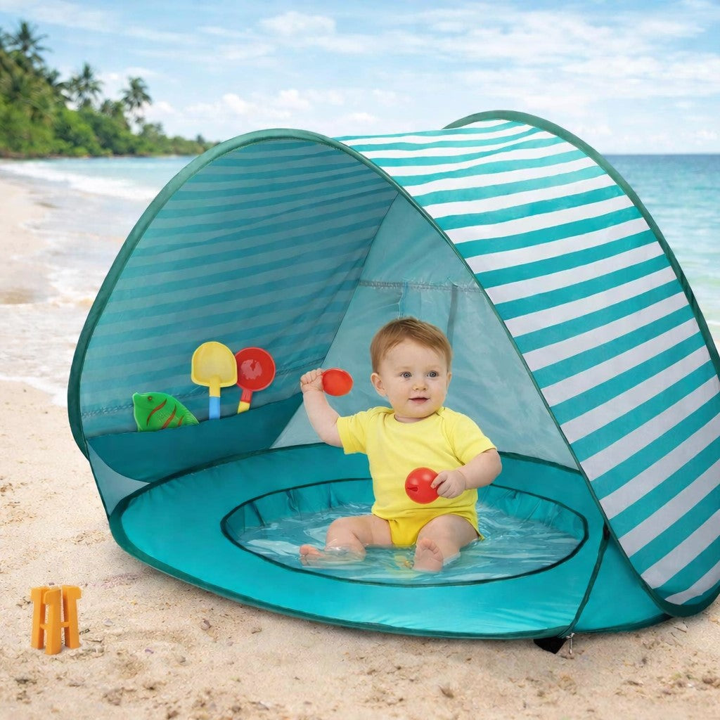 Бебе играе в детска pop-up палатка с UV защита на плажа, GINGER HOME
