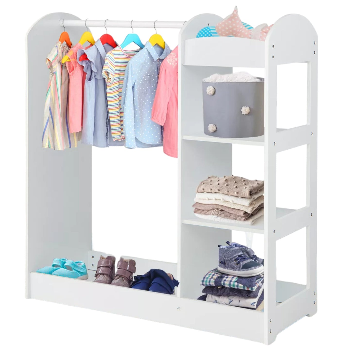 Appendiabiti per bambini con specchio GINGER HOME - Armadio aperto per bambini con ripiani e grucce, bianco, 94x38x100 cm