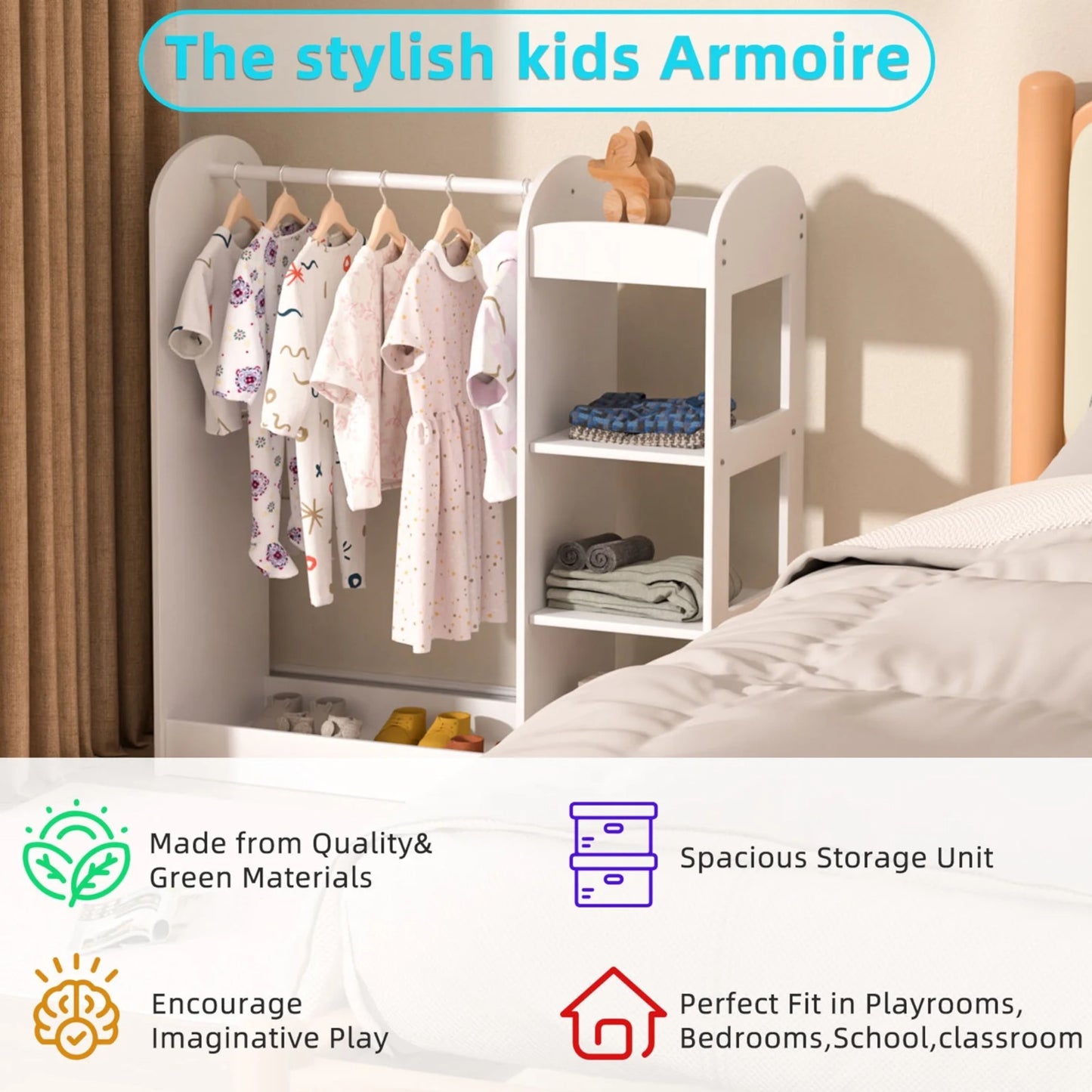 Appendiabiti per bambini con specchio GINGER HOME - Armadio aperto per bambini con ripiani e grucce, bianco, 94x38x100 cm