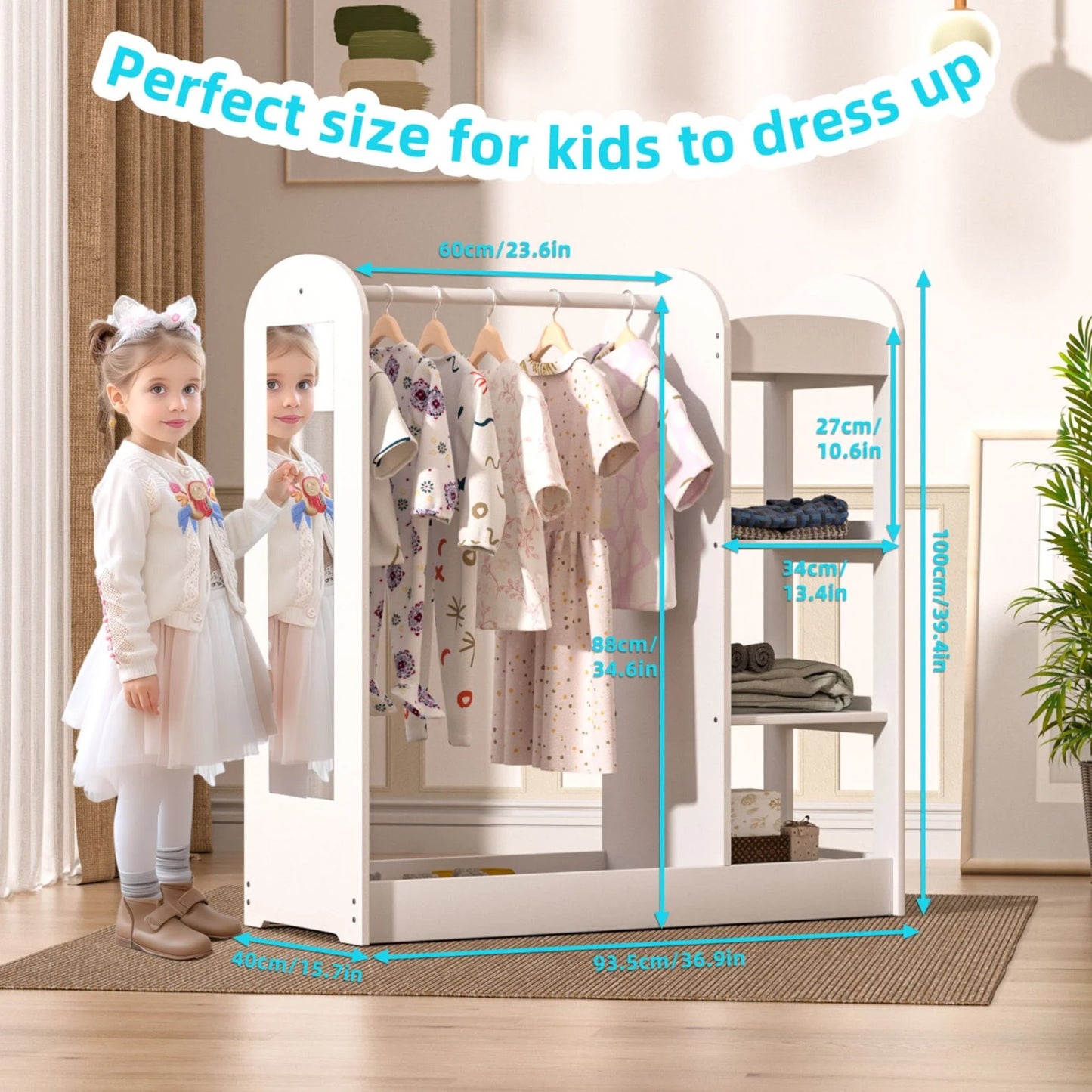 Appendiabiti per bambini con specchio GINGER HOME - Armadio aperto per bambini con ripiani e grucce, bianco, 94x38x100 cm