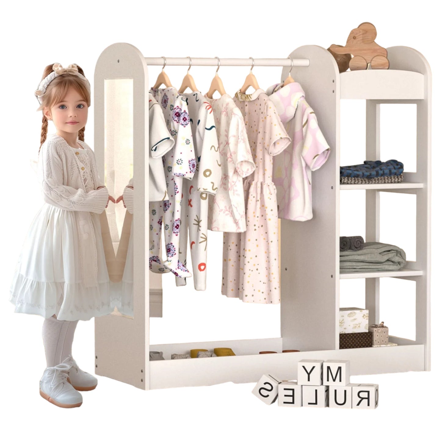 Appendiabiti per bambini con specchio GINGER HOME - Armadio aperto per bambini con ripiani e grucce, bianco, 94x38x100 cm