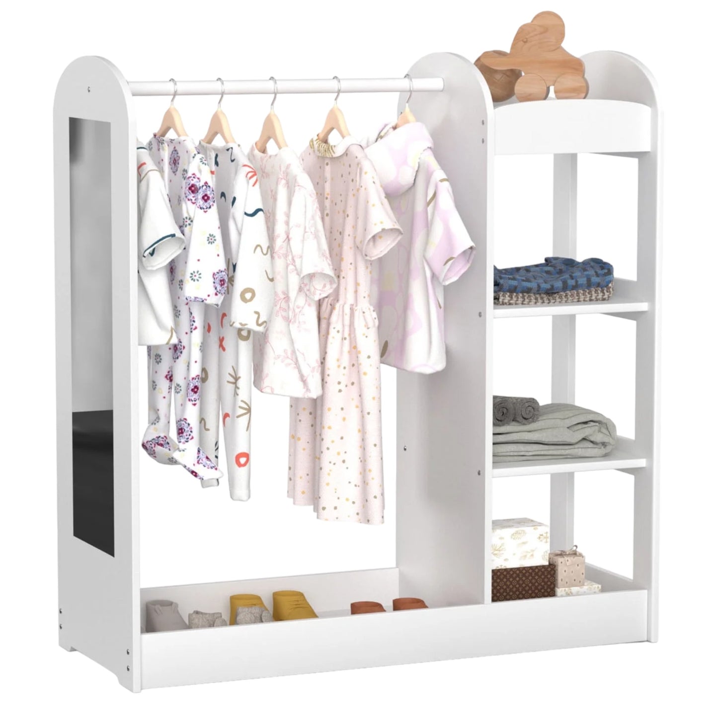 Appendiabiti per bambini con specchio GINGER HOME - Armadio aperto per bambini con ripiani e grucce, bianco, 94x38x100 cm