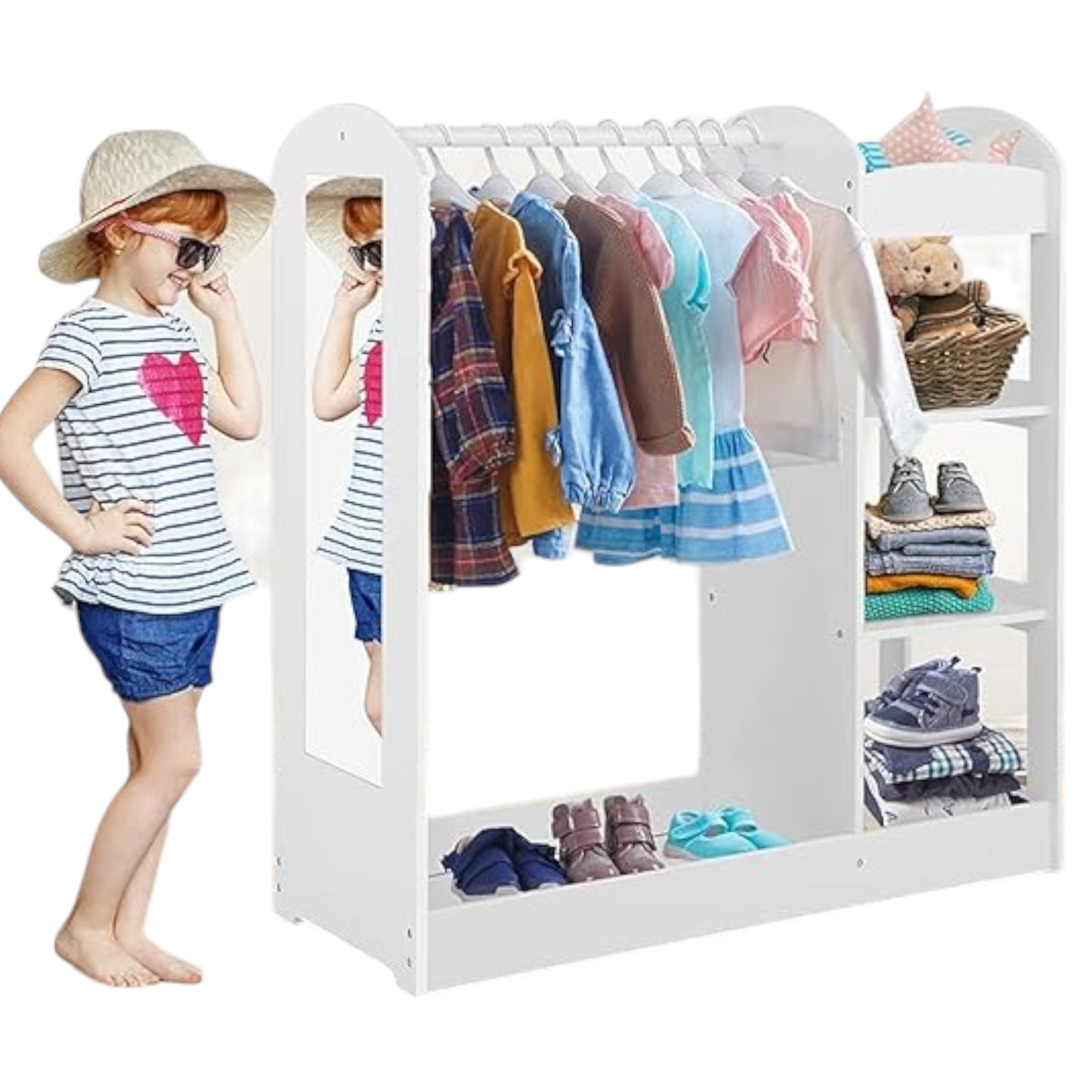 Appendiabiti per bambini con specchio GINGER HOME - Armadio aperto per bambini con ripiani e grucce, bianco, 94x38x100 cm