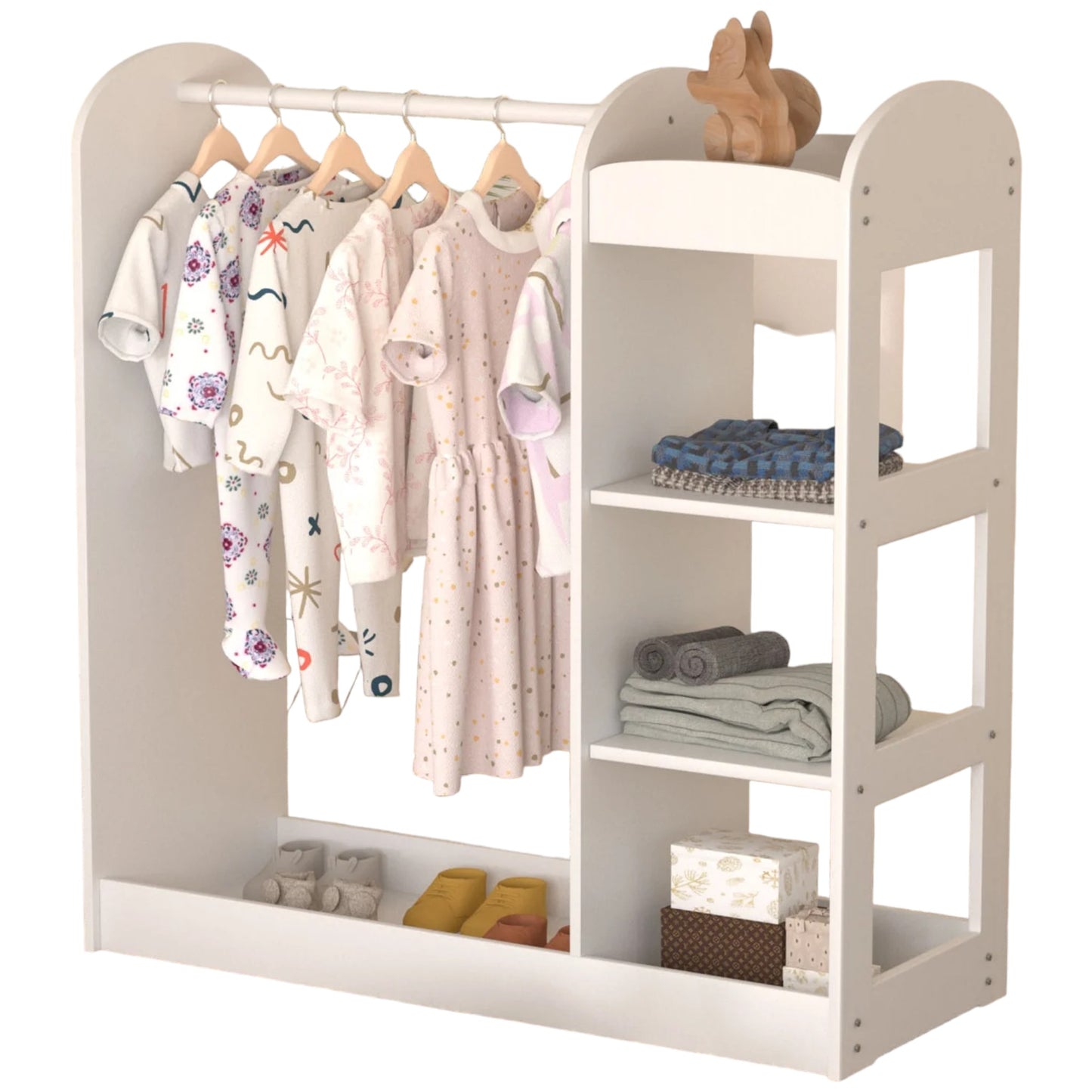 Appendiabiti per bambini con specchio GINGER HOME - Armadio aperto per bambini con ripiani e grucce, bianco, 94x38x100 cm