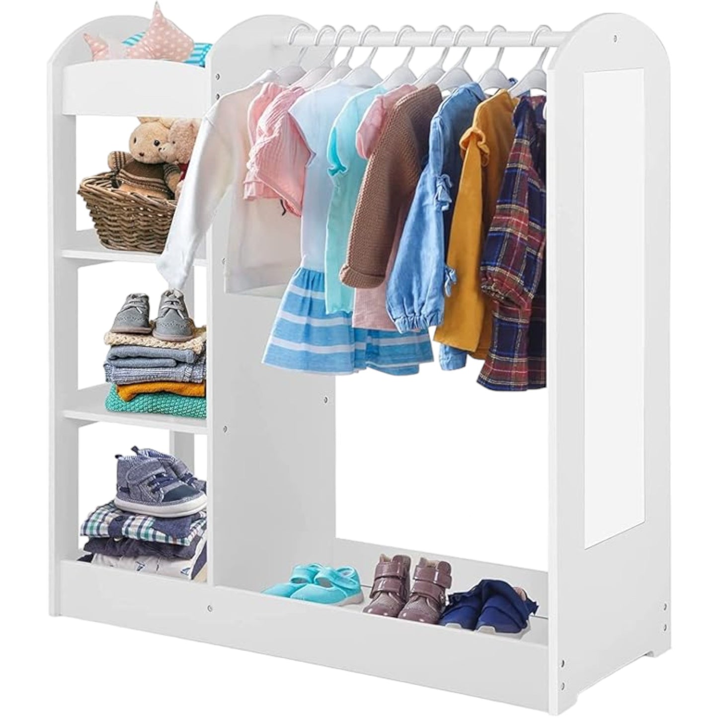 Appendiabiti per bambini con specchio GINGER HOME - Armadio aperto per bambini con ripiani e grucce, bianco, 94x38x100 cm
