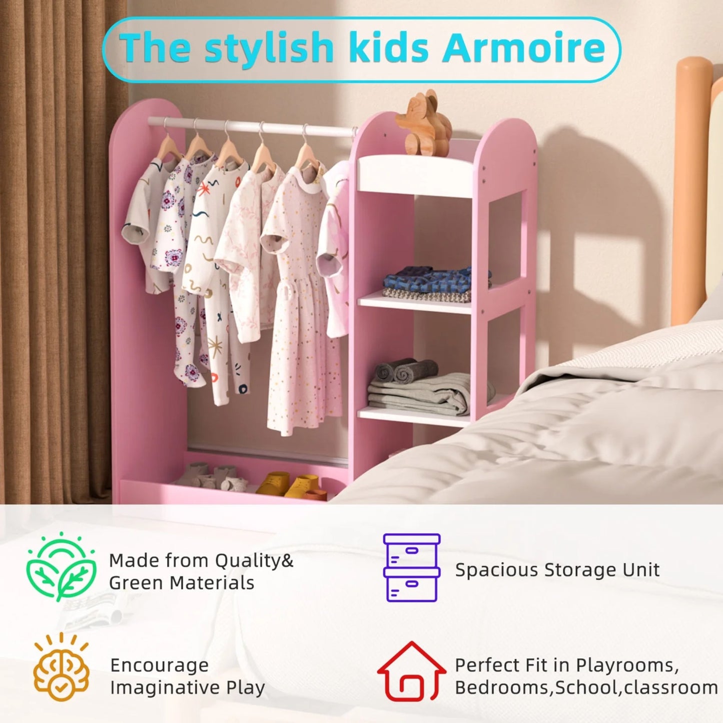 Appendiabiti per bambini con specchio GINGER HOME - Armadio aperto per bambini con ripiani e grucce, rosa, 94x38x100 cm