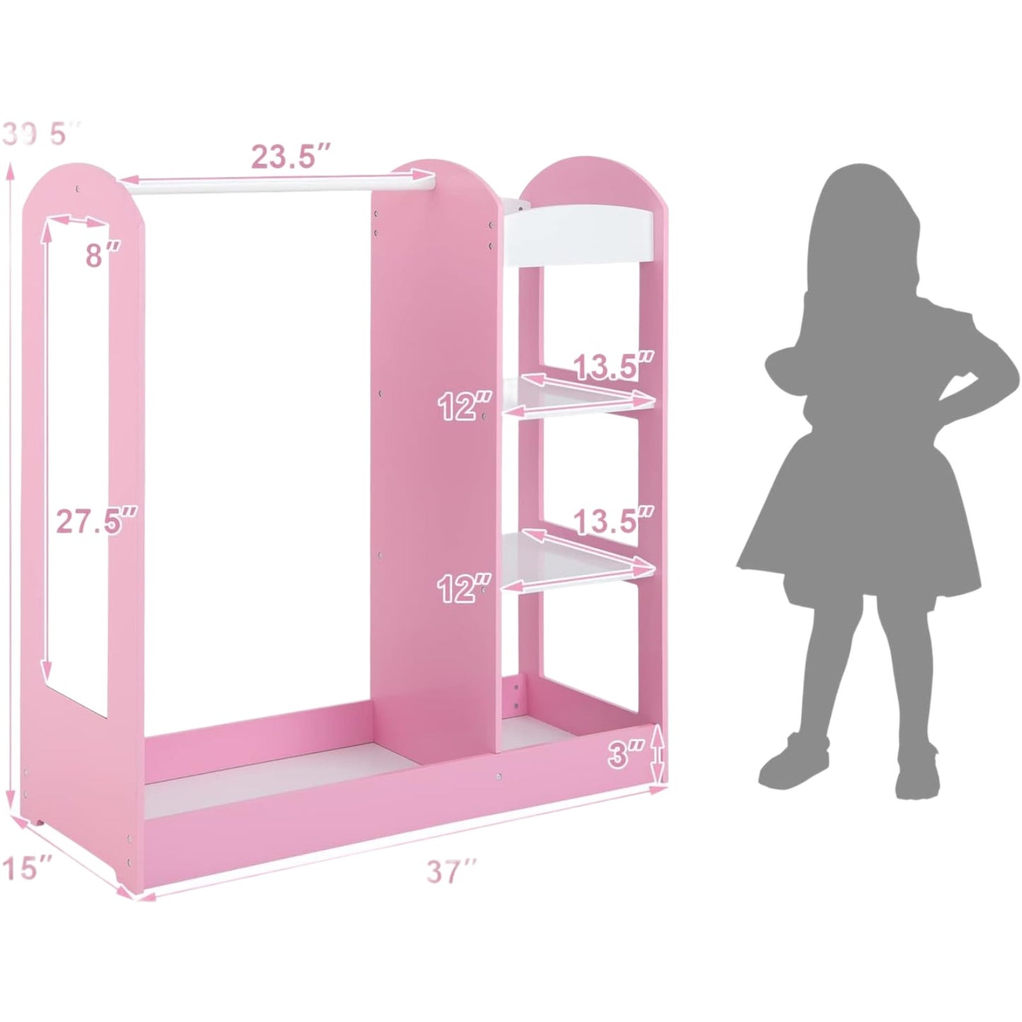 Appendiabiti per bambini con specchio GINGER HOME - Armadio aperto per bambini con ripiani e grucce, rosa, 94x38x100 cm