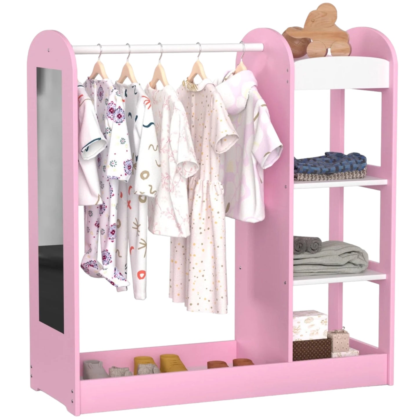 Appendiabiti per bambini con specchio GINGER HOME - Armadio aperto per bambini con ripiani e grucce, rosa, 94x38x100 cm