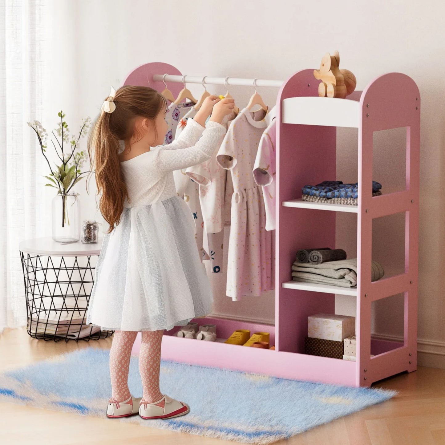 Appendiabiti per bambini con specchio GINGER HOME - Armadio aperto per bambini con ripiani e grucce, rosa, 94x38x100 cm