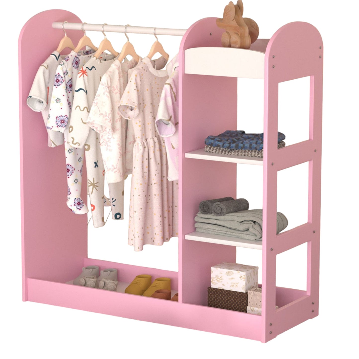 Appendiabiti per bambini con specchio GINGER HOME - Armadio aperto per bambini con ripiani e grucce, rosa, 94x38x100 cm