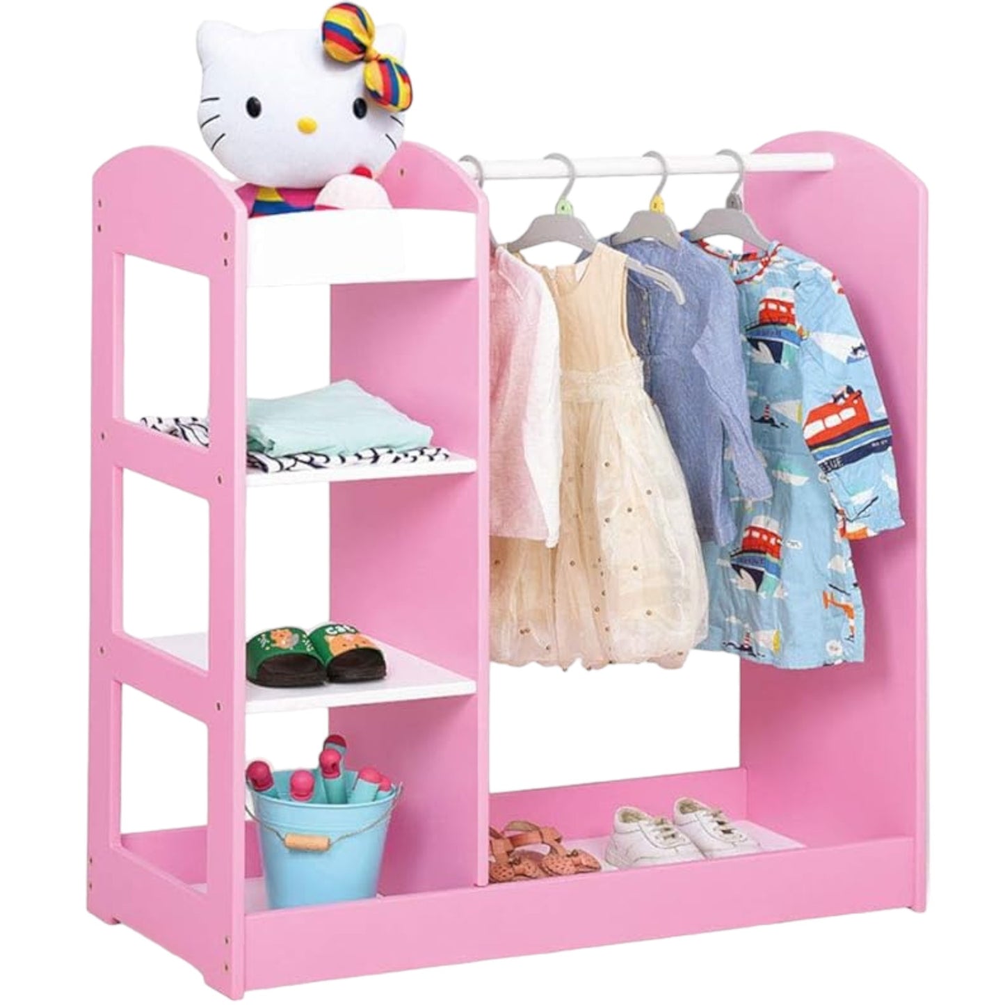 Appendiabiti per bambini con specchio GINGER HOME - Armadio aperto per bambini con ripiani e grucce, rosa, 94x38x100 cm