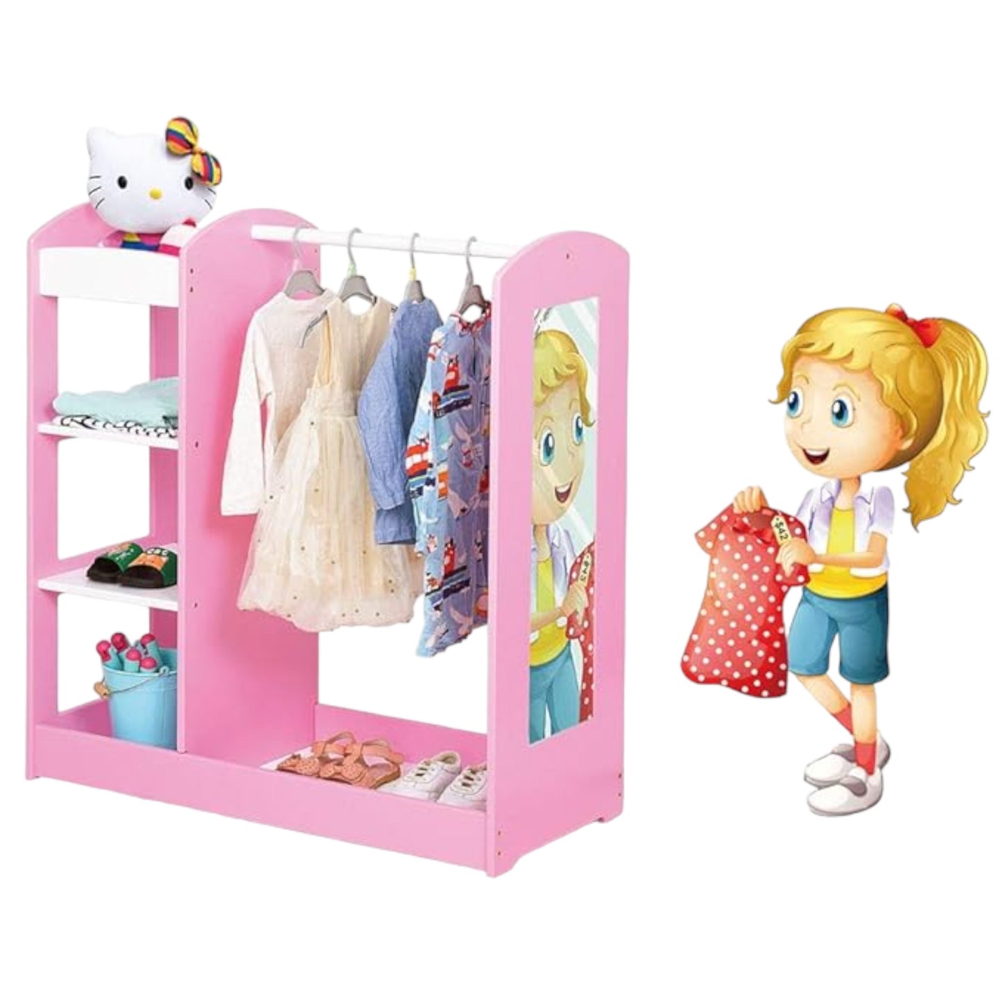 Appendiabiti per bambini con specchio GINGER HOME - Armadio aperto per bambini con ripiani e grucce, rosa, 94x38x100 cm