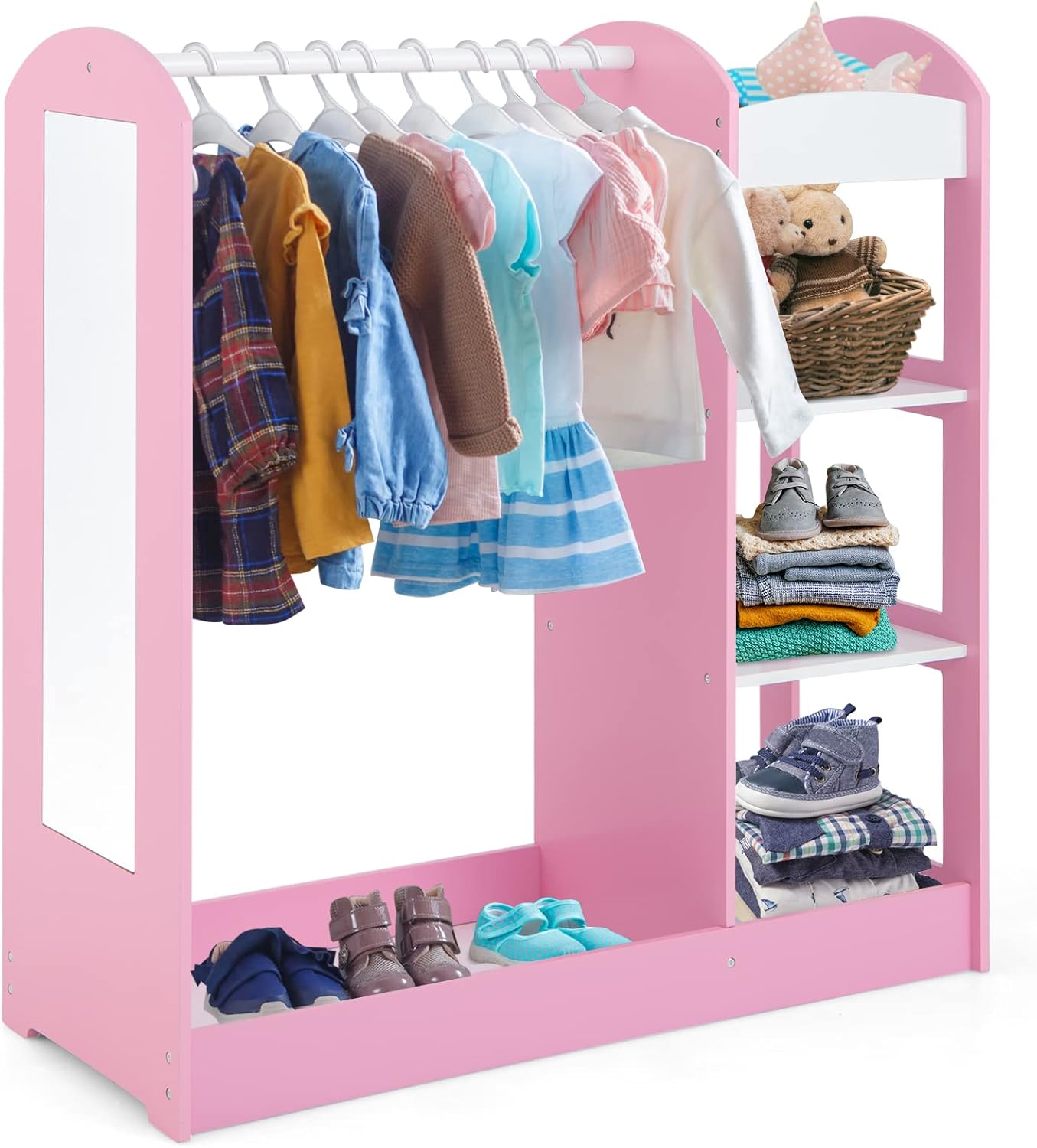 Appendiabiti per bambini con specchio GINGER HOME - Armadio aperto per bambini con ripiani e grucce, rosa, 94x38x100 cm