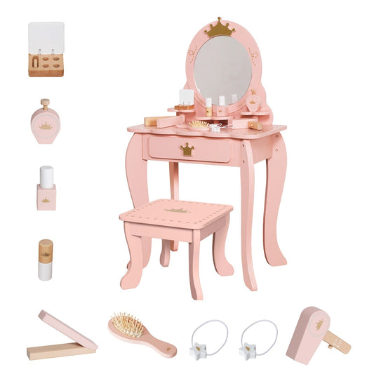 GINGER HOME Toeletta per bambini con specchio e accessori, principessa, rosa, in legno