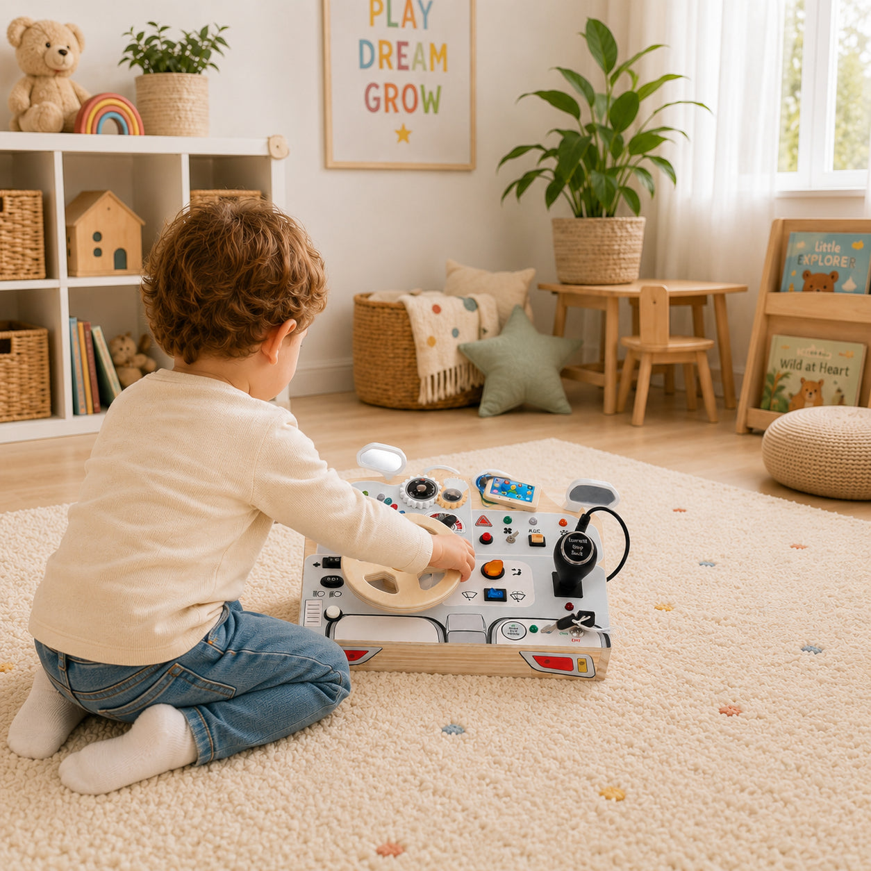 Дете в гръб играе с интерактивен дървен бизи борд кола GINGER HOME