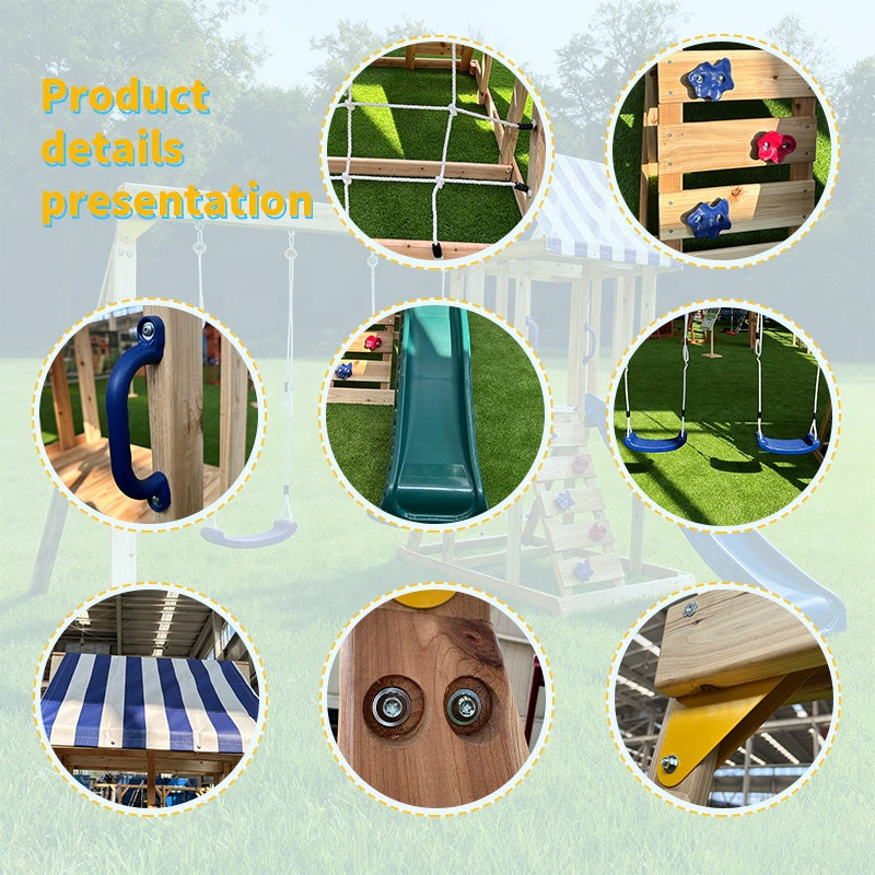 Детайли и елементи на детски дървен комплект за игра на открито