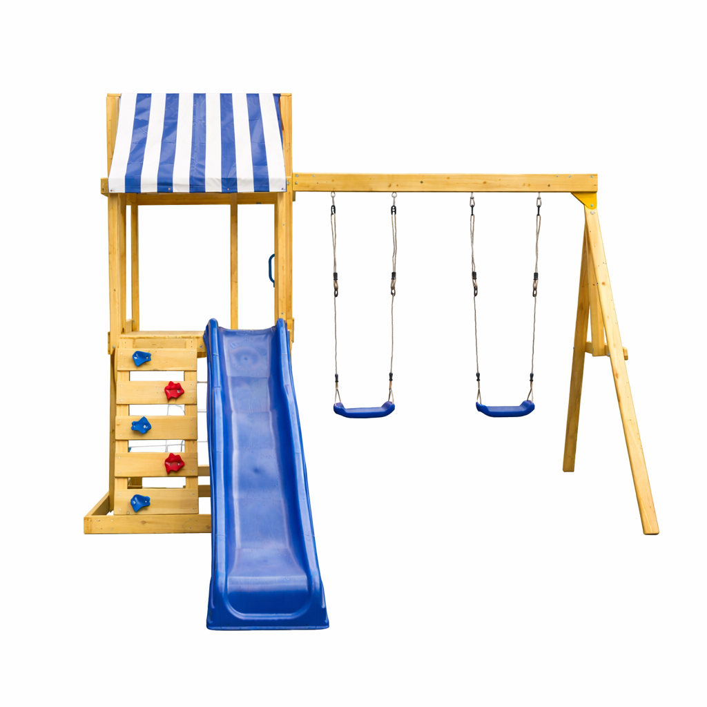 Детски дървен комплект за игра на открито с пързалка 1.8 м и две люлки