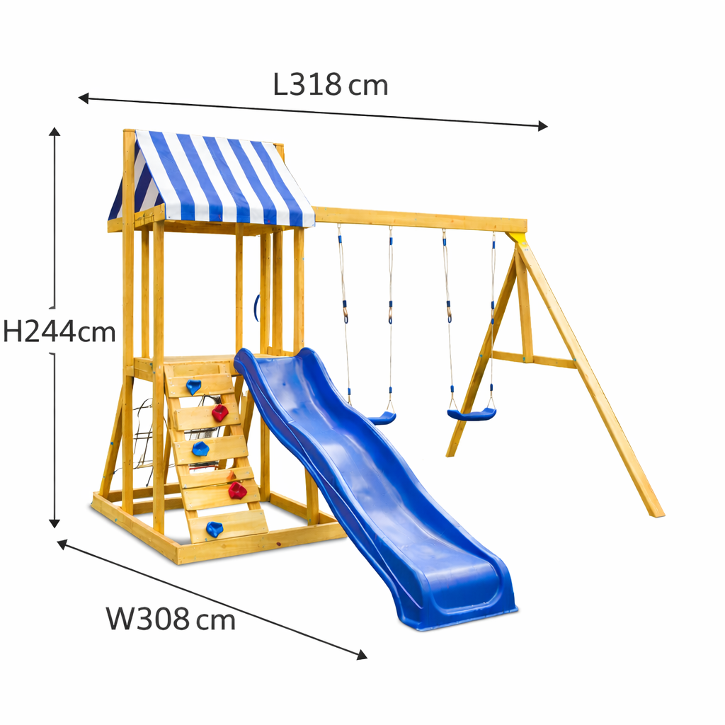 Размери на детски дървен комплект за игра на открито GINGER HOME – 308 × 318 × 244 см