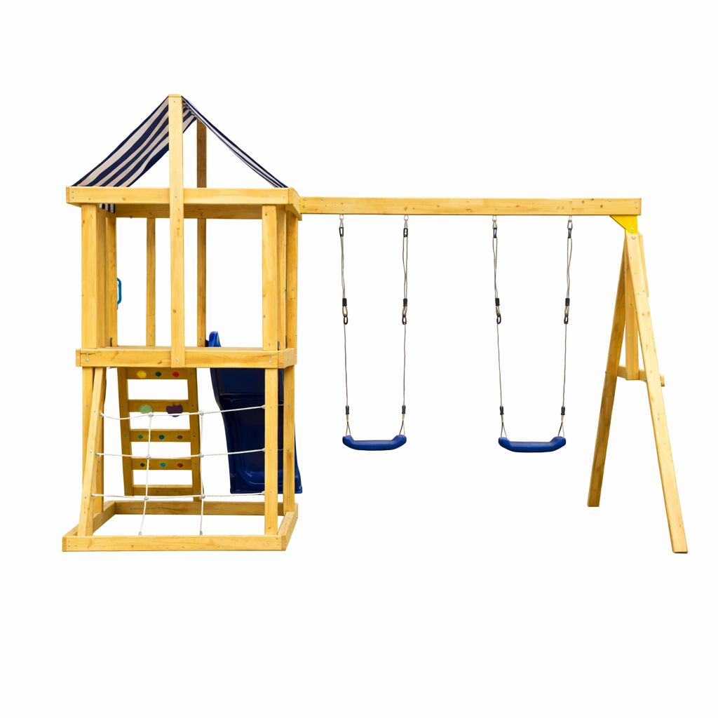 Страничен изглед на детски дървен комплект за игра на открито GINGER HOME