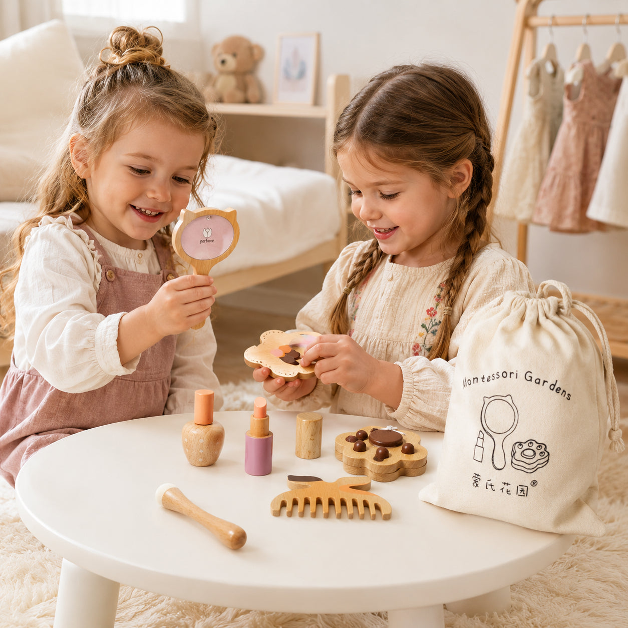 Две деца играят с дървен козметичен комплект GINGER HOME за гримиране, фризьорски салон и ролева игра
