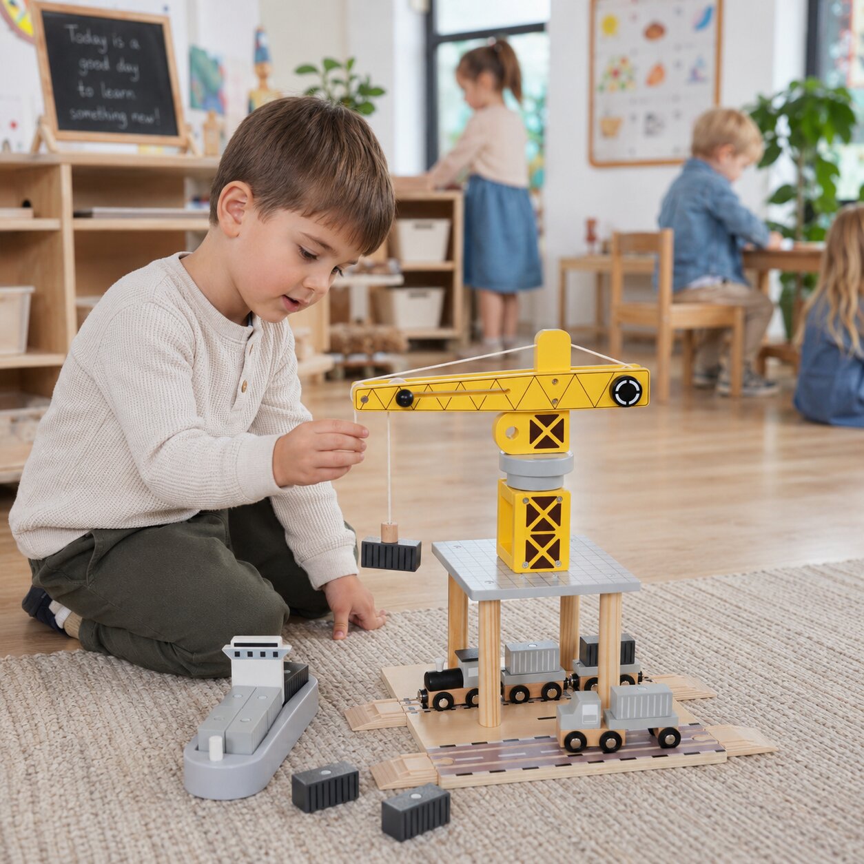 Дете играе с дървен кран GINGER HOME, влакче, камион и кораб в детска стая