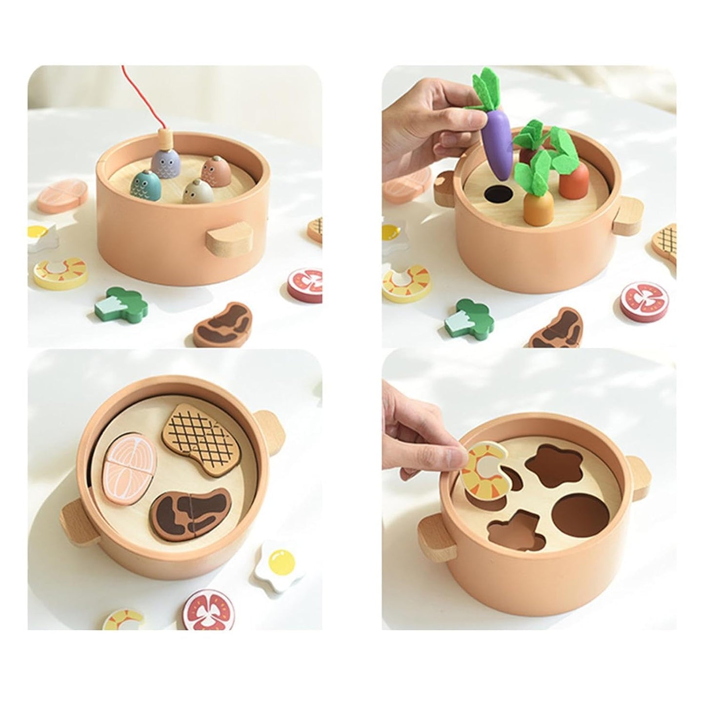 Детски дървен комплект за готвене GINGER HOME с риболовна игра, зеленчуци за издърпване и сортер с форми