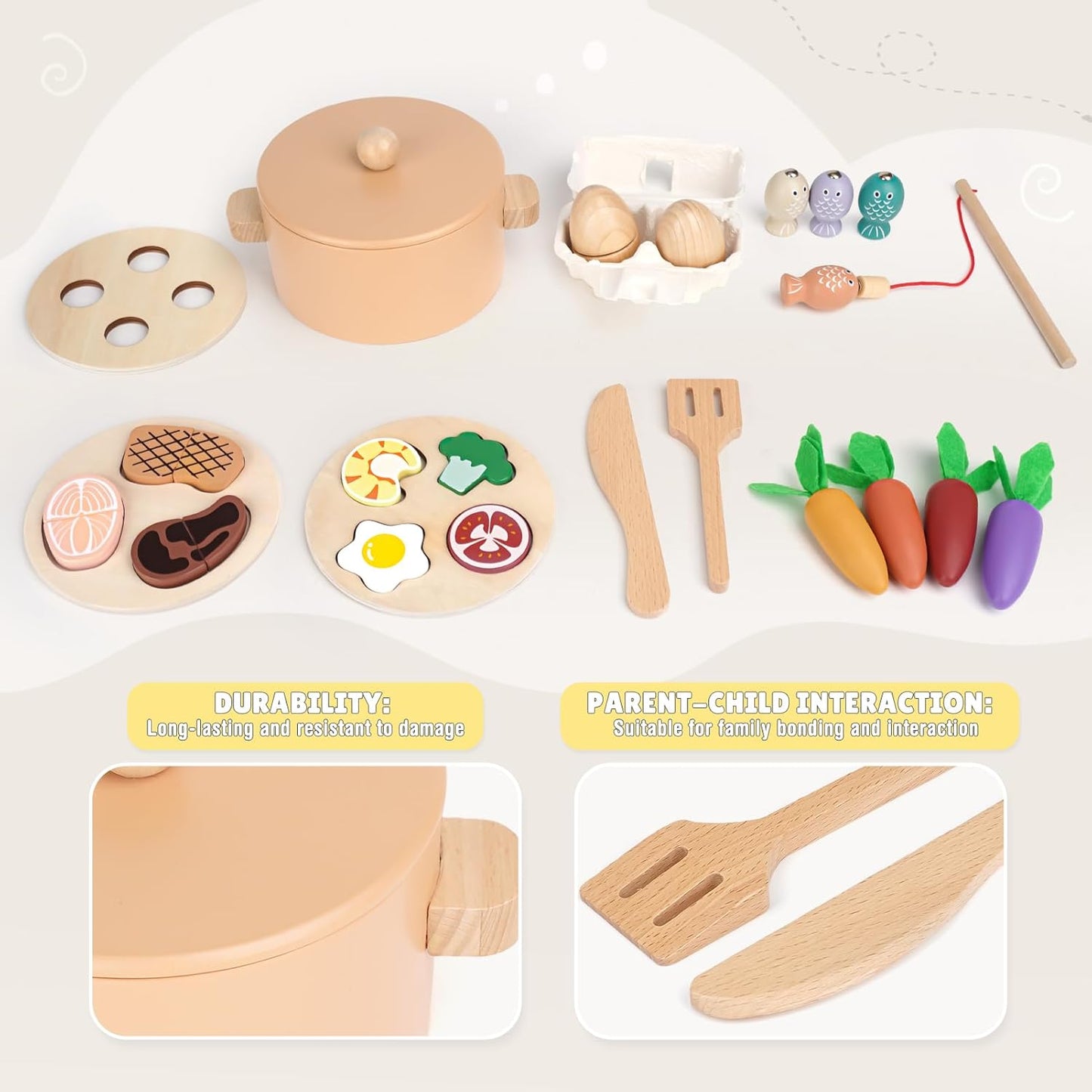 Детски дървен комплект за готвене и сортиране GINGER HOME с рибки, зеленчуци, храни и Монтесори елементи