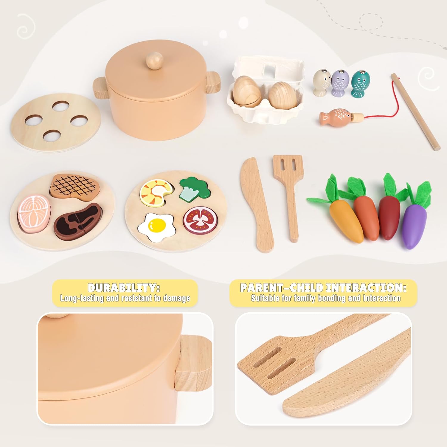 Детски дървен комплект за готвене и сортиране GINGER HOME с рибки, зеленчуци, храни и Монтесори елементи