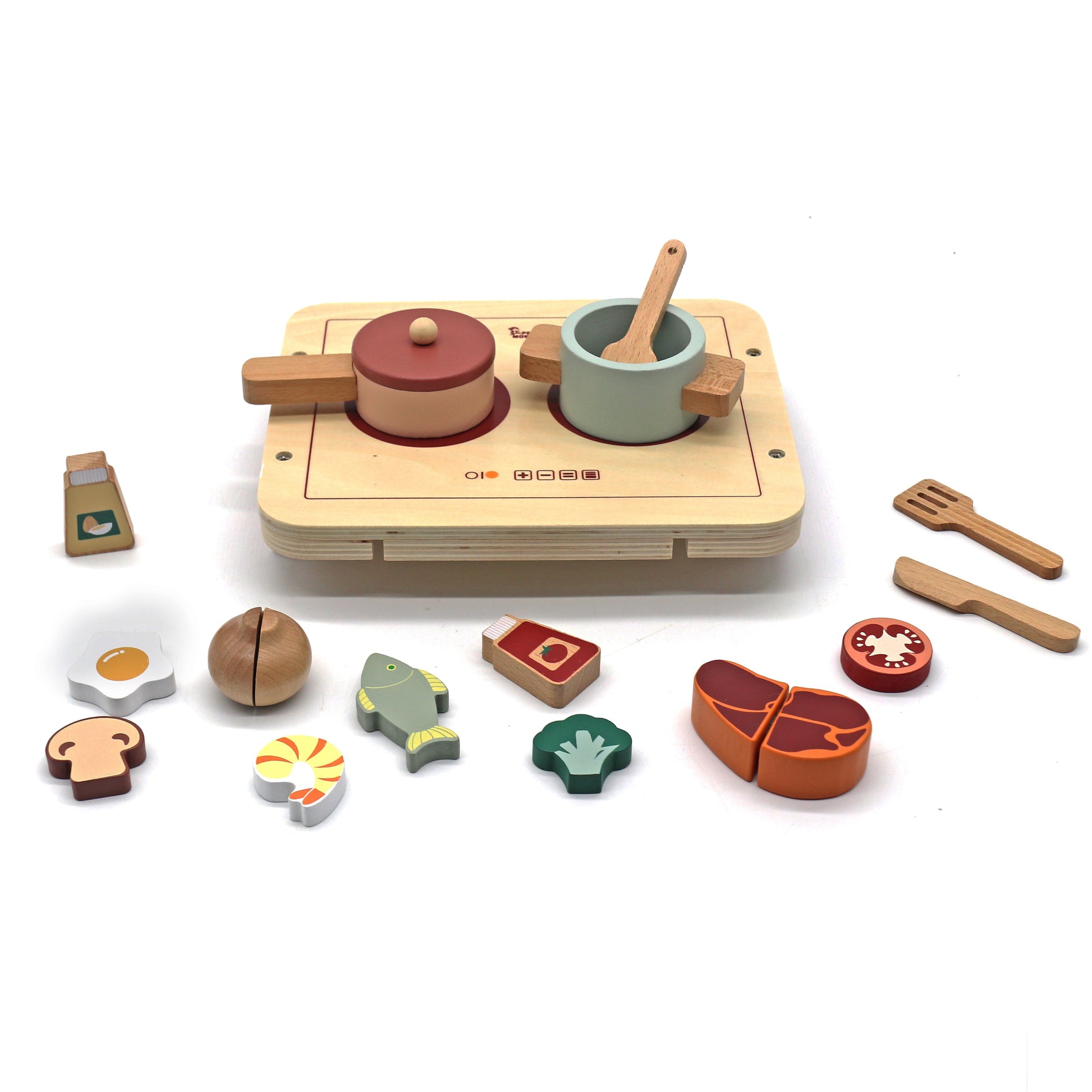 Детски дървен кухненски комплект GINGER HOME с котлон, тенджера, тиган, сосове, прибори и храни за игра