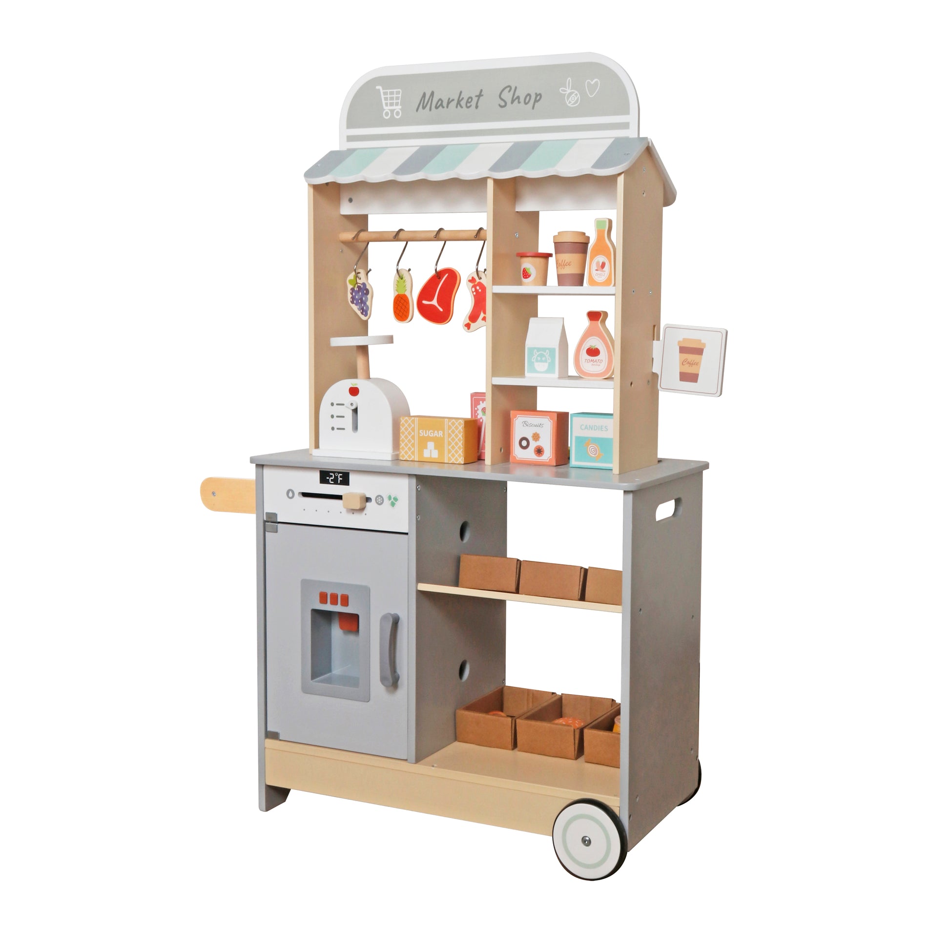Детски дървен магазин GINGER HOME с кухня, везна, рафтове, каса и аксесоари за игра