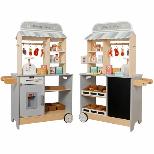 Детски дървен магазин GINGER HOME 2 в 1 с двустранен дизайн, кухня, щанд и черна дъска