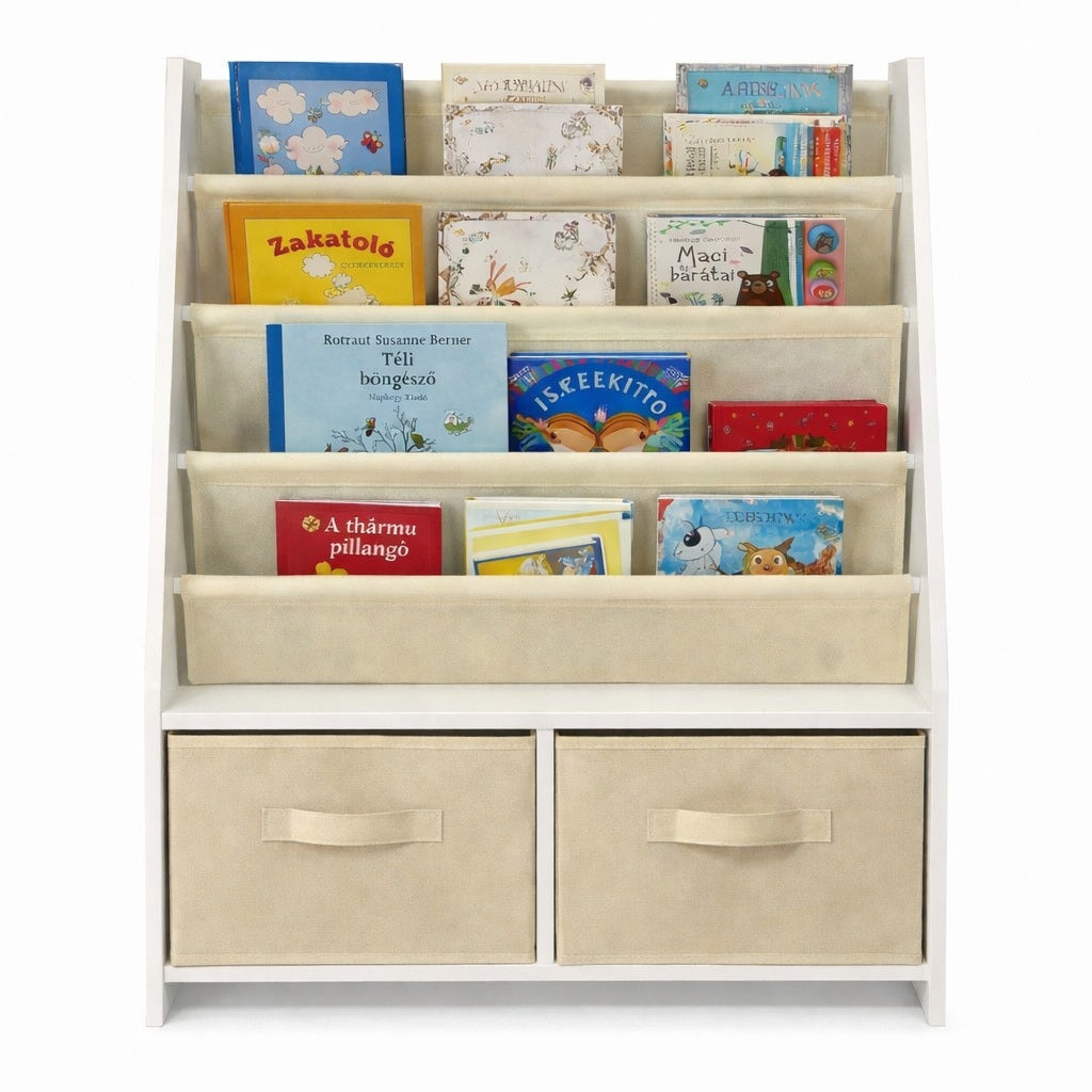 Children's wooden organizer for books and toys with a chest on wheels - WHITE/GREY