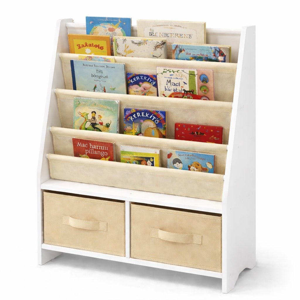 Children's wooden organizer for books and toys with a chest on wheels - WHITE/GREY