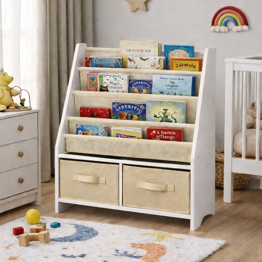Children's wooden organizer for books and toys with a chest on wheels - WHITE/GREY