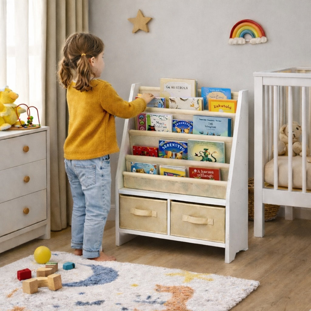 Children's wooden organizer for books and toys with a chest on wheels - WHITE/GREY