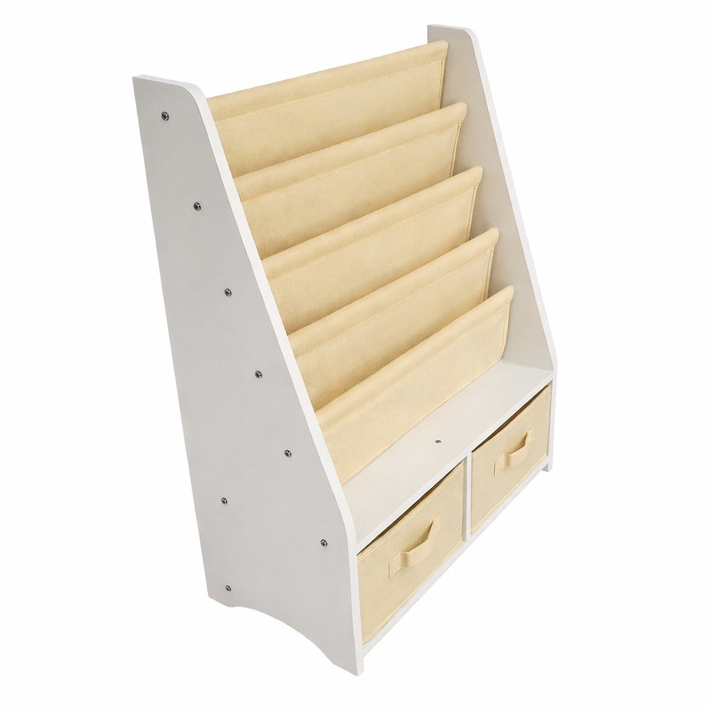 Children's wooden organizer for books and toys with a chest on wheels - WHITE/GREY