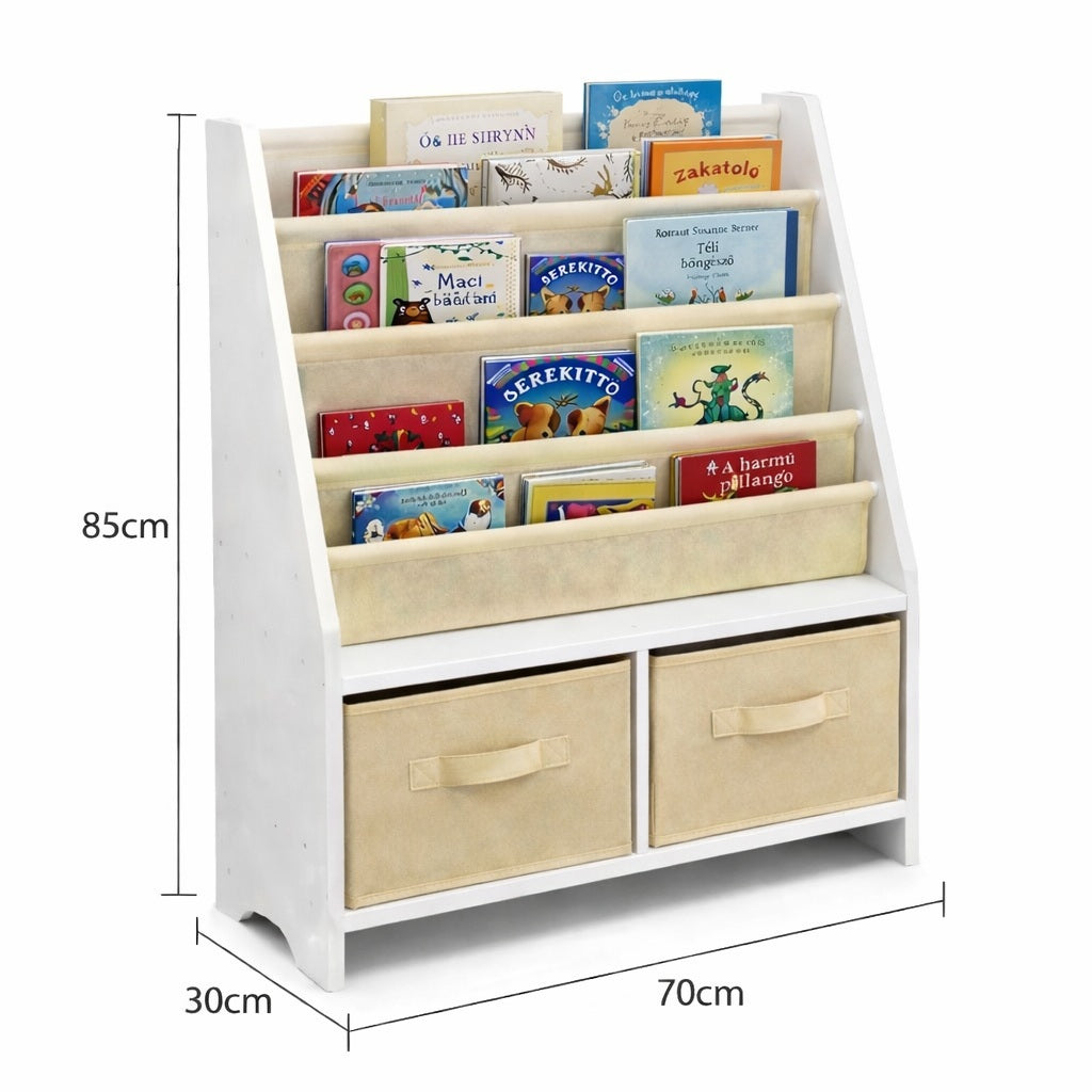 Children's wooden organizer for books and toys with a chest on wheels - WHITE/GREY
