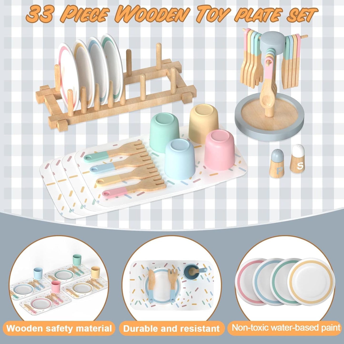 Детски дървен сервиз за хранене 33 части с чинии, чаши, прибори и подложки