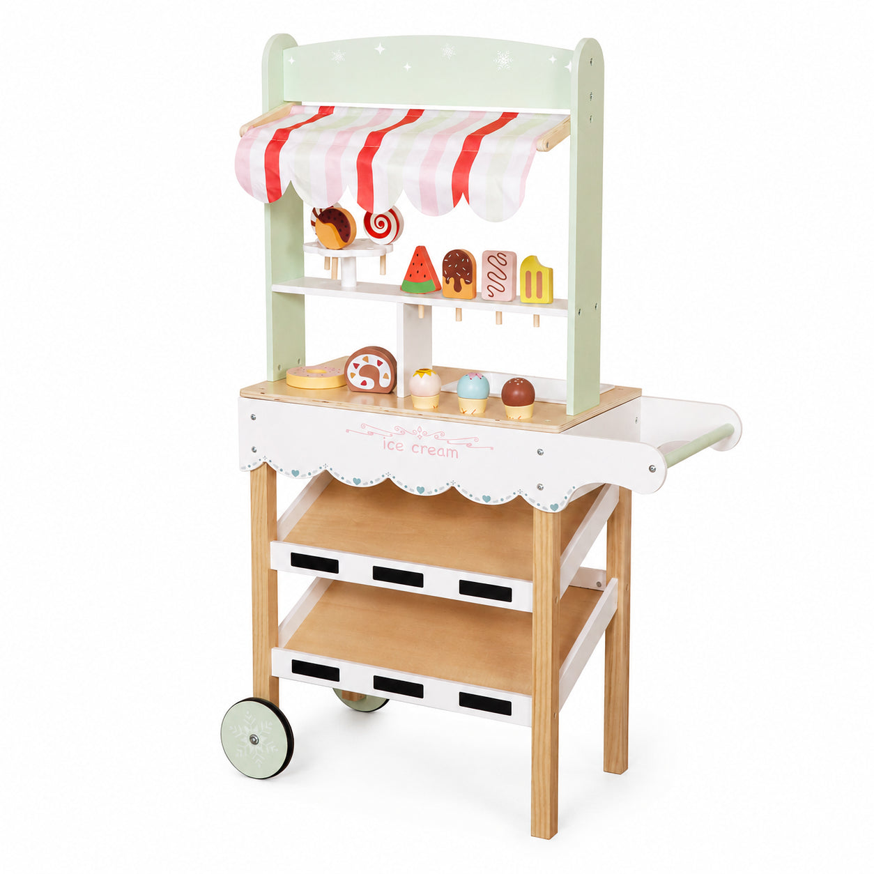 Детски Дървен Щанд за Сладолед GINGER HOME, Магазинче на Колела, MDF, 44/57x28x95.5 см, Монтесори Игра