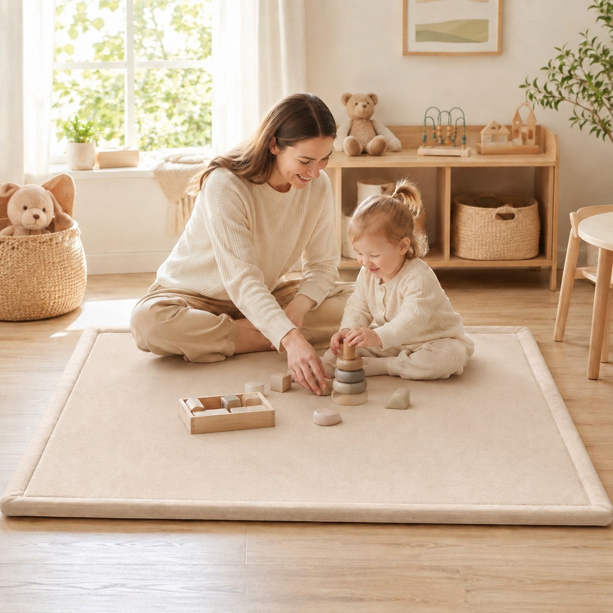 Детски Мемори Килим GINGER HOME LOLLA, 150x200 см, 3,5 см Дебелина, Кадифено Мек Водоустойчив Горен Слой, Мемори Пяна, Противохлъзгаща Основа, Бежов