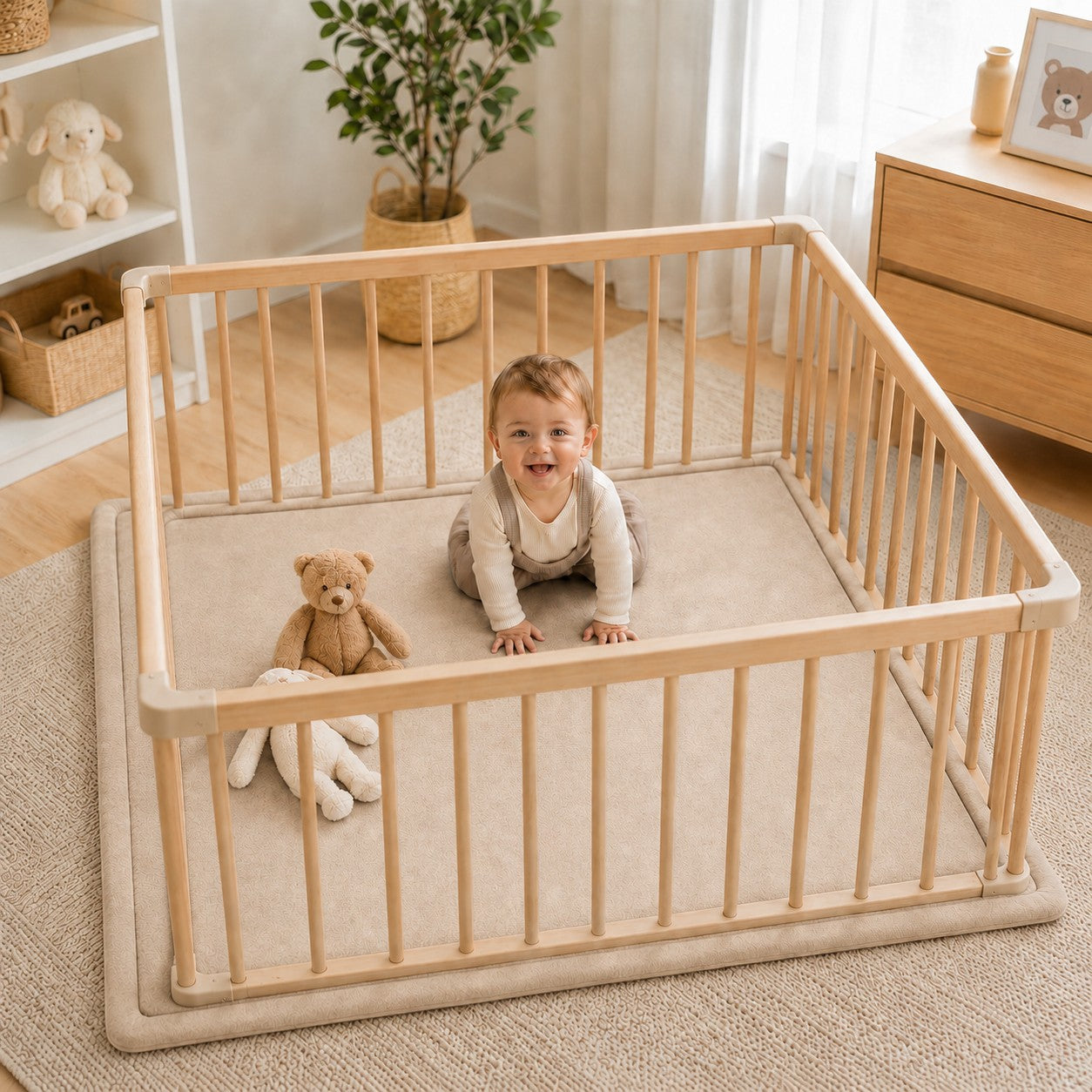 Детски Мемори Килим GINGER HOME LOLLA, 150x200 см, 3,5 см Дебелина, Кадифено Мек Водоустойчив Горен Слой, Мемори Пяна, Противохлъзгаща Основа, Бежов