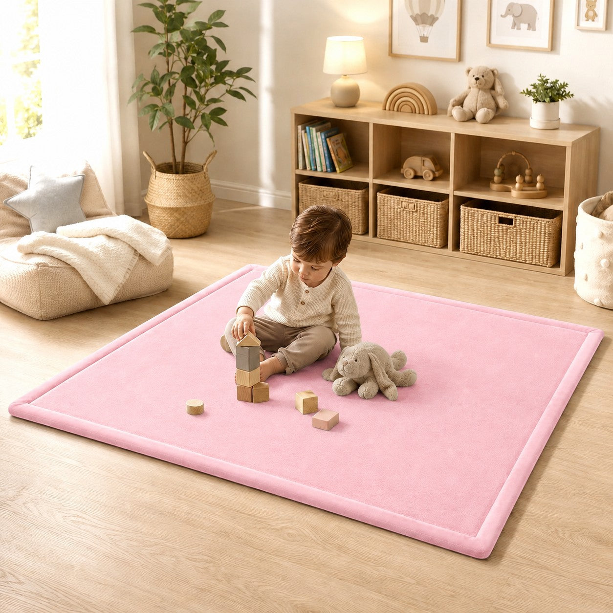 Розов детски мемори килим GINGER HOME LOLLA в скандинавска детска стая с дете, играещо с дървени кубчета. 