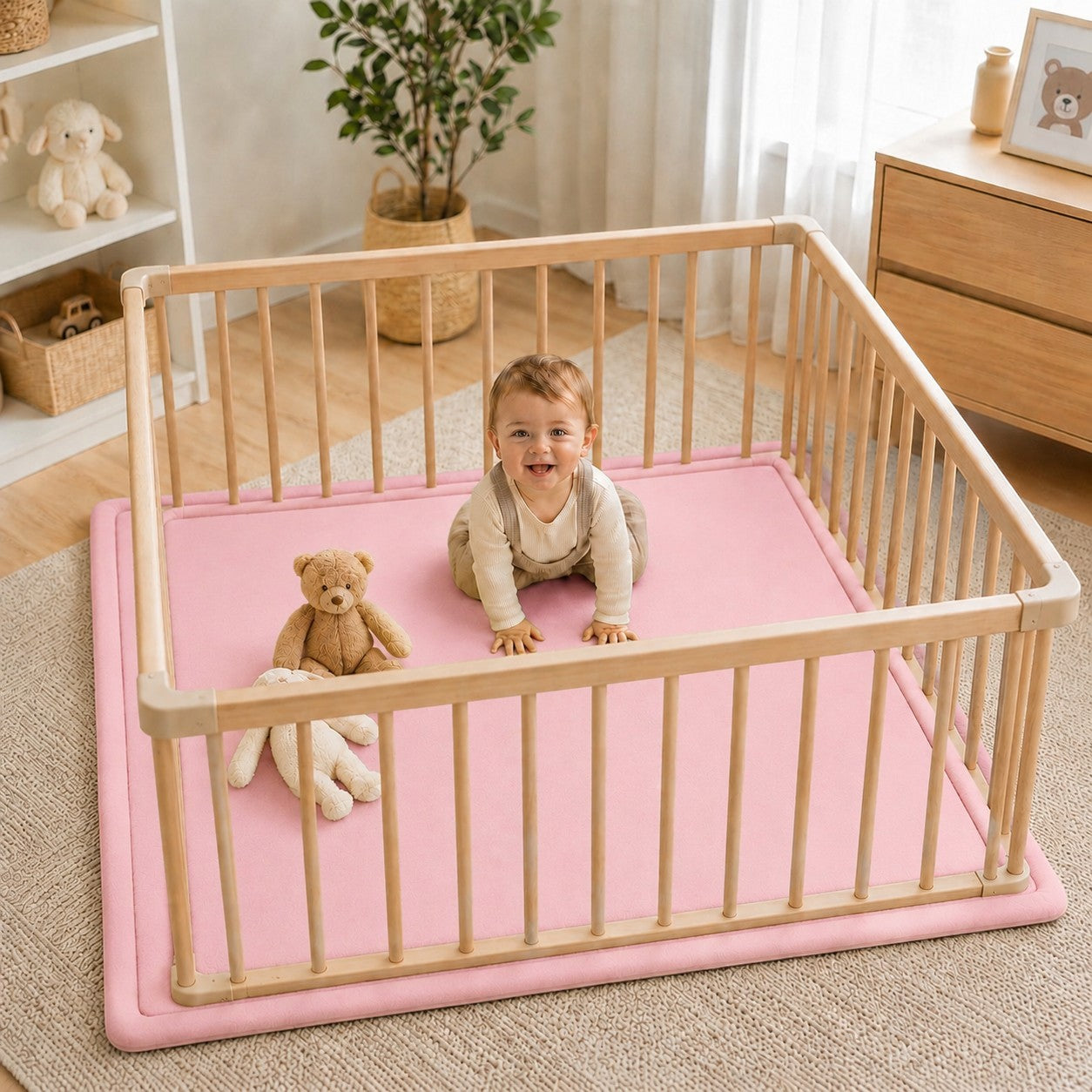 Розов детски мемори килим GINGER HOME LOLLA, използван като мека постелка в детски кът за игра. 