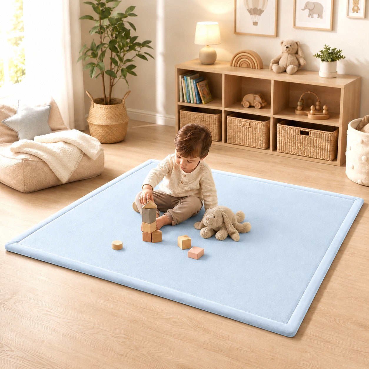 Детски Мемори Килим GINGER HOME LOLLA, 150x200 см, 3,5 см Дебелина, Кадифено Мек Водоустойчив Горен Слой, Мемори Пяна, Противохлъзгаща Основа, Син