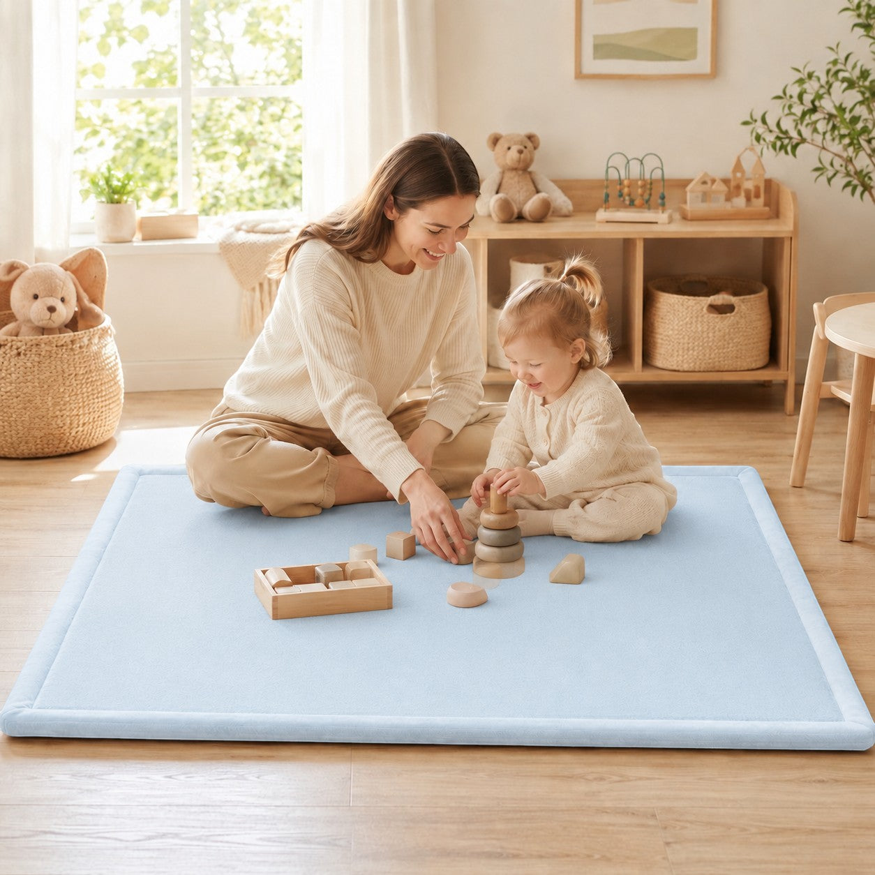 Детски Мемори Килим GINGER HOME LOLLA, 150x200 см, 3,5 см Дебелина, Кадифено Мек Водоустойчив Горен Слой, Мемори Пяна, Противохлъзгаща Основа, Син