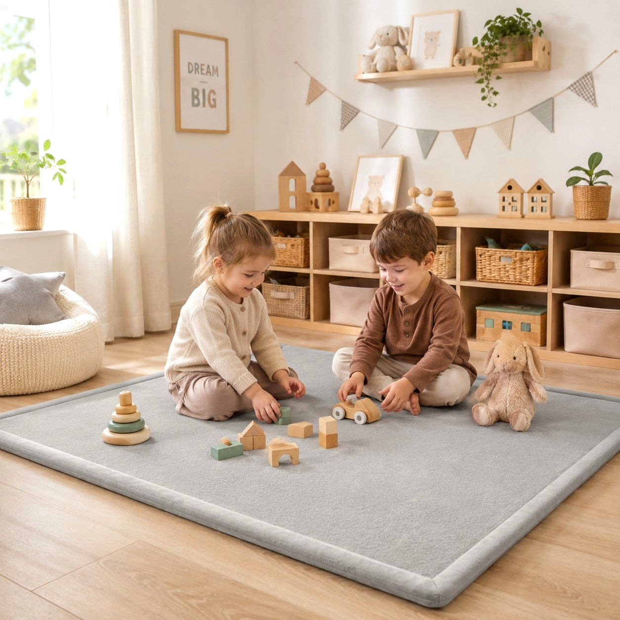 Детски Мемори Килим GINGER HOME LOLLA, 150x200 см, 3,5 см Дебелина, Кадифено Мек Водоустойчив Горен Слой, Мемори Пяна, Противохлъзгаща Основа, Сив