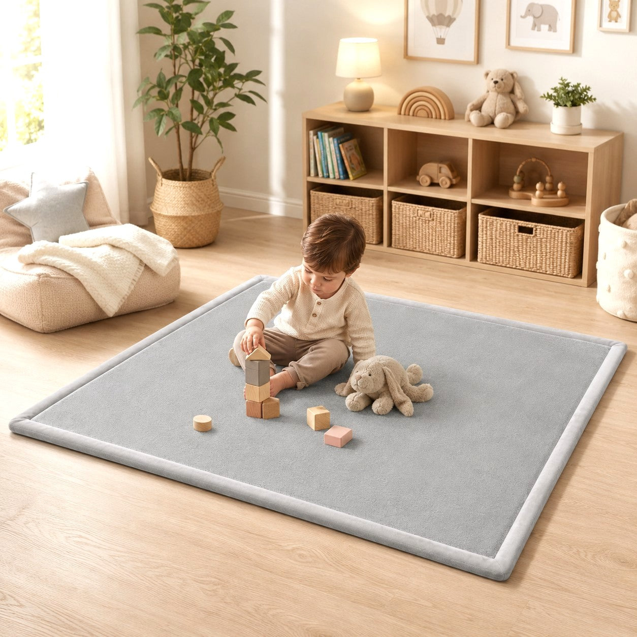 Детски Мемори Килим GINGER HOME LOLLA, 150x200 см, 3,5 см Дебелина, Кадифено Мек Водоустойчив Горен Слой, Мемори Пяна, Противохлъзгаща Основа, Сив
